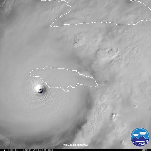 Check out this incredible satellite loop of #melissa as it approaches landfall in Jamaica Tuesday morning. Such a clear and defined eye. Search and be a weather geek here: https://www.cira.colostate.edu/imagery-data/ | Rusty Lord