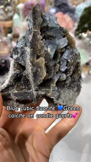 Blue cubic fluorite 💙Green calcite on candle quartz💕#fyp #quartz #crystalhealing #mineralspecimen #crystalshop