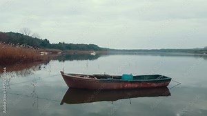 This is a drone image circling a fishing boat. The camera moves forward and there are other boats in the distance. Calm, clear and reflective water. There is a small blue barrel on the boat.