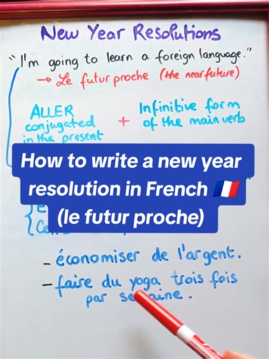 🇫🇷 How to write a new year resolution in French using le futur proche (the near future tense) If you've already written your resolutions, it's the perfect time to turn them into French now! In this video I'm teaching you how to conjugate in the futur proche, and you can of course use the tense for more than resolutions ☺️ #frenchlesson #frenchsentences #frenchlessons #frenchforbeginners #learnfrench