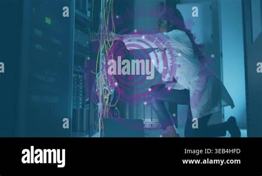 Animation of data processing over african american it woman by computer servers. Global computing, digital interface and data processing concept digitally generated video.