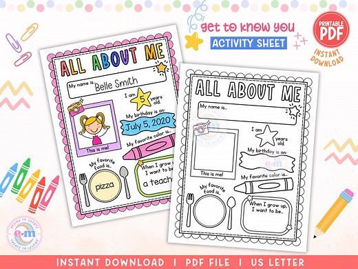 All About Me PRINTABLE, Back to School Worksheet for Kids, Get to Know Me Coloring Page, Classroom Activity Preschool Pre-k Kindergarten PDF - Etsy