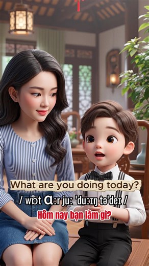 Ngày 3 – 100 câu hỏi tiếng Anh thông dụng nhất What are you doing today / w t r ju du ŋ t de / Hôm nay bạn làm gì Answer: I’m studying / a m st di ŋ / Tôi đang học What are you thinking / w t r ju θ ŋk ŋ / Bạn đang nghĩ gì Answer: I’m thinking about my homework / a m θ ŋk ŋ ba t ma h mw k / Tôi đang nghĩ về bài tập What are you looking for / w t r ju l k ŋ f r / Bạn đang tìm gì Answer: I’m looking for my toy / a m l k ŋ f ma t / Tôi đang tìm đồ chơi Who are you talking to / hu r ju t k ŋ tu / Bạ