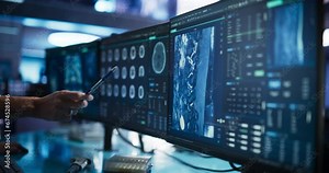 Modern Medical Research Center: Anonymous Doctor Pointing At Desktop Computer Monitor With CT Scan Of Human Spinal Cord. Specialist Looking For Tumors Or Damage, Looking For Treatment Methods.