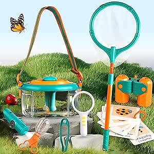 Bug Catcher for Kids Outdoors Toys, Bug Catching Kit with Butterfly Net, Critter Keeper, Magnifying Glass, Bug Catchers, Tweezers & Learning Cards, Kids Explorer Camping Kit Child Gifts