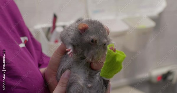 A veterinarian carefully examines a gray rat with a green bandage, performing a thorough medical examination in a clinical setting. A cute rat with a paw injury at a veterinarian's appointment.