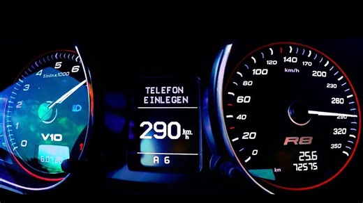 Onboard Audi R8 accelerates from 0 to high speeds on Autobahn