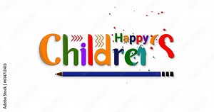 Happy Children's Day animation. Handwritten text animated in colorful with ink splash on the white screen transparent alpha channel. Children's Day Gift Card.Great for celebrating happy children's Day
