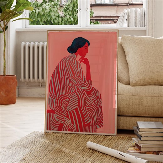 Striped Female Portrait Painting - Modern Red and Pink Art - Etsy UK