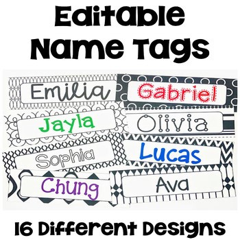 Editable Name Tags, Desk Name Plates, Desk Tags with Black and White Designs