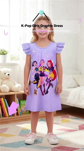 Girls K-Pop Hunter Theme Fashion Dress, Graphic Print Dress, Pop Singer Pattern, Casual New Trend Clothing, Birthday Gift, Ages 4-12 #kidspajamas #babygirlvalentinesoutfit #shortgirlstyle #girlyclothes #cutekidclothes #cuteoutfitsforschool #kpopkidswear #kidslocstyles #poppilushdress #babygirldressset