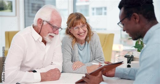 Documents, laugh and businessman with senior couple in home for finance contract with retirement. Application form, discussion and financial advisor with elderly clients for investment paperwork.