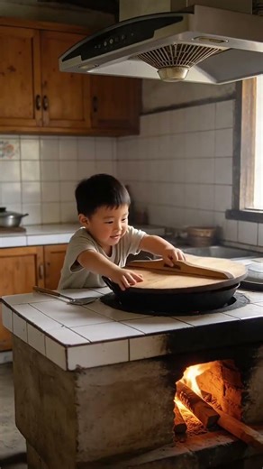 Unexpected or surprising, country food, firewood stove, cute baby’s funny daily life