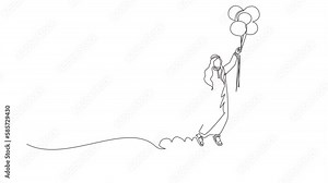Self drawing animation of single line draw Arabic businessman floating with balloon. Man holding balloon flying through cloud. Worker reaches goal, target. Continuous line draw. Full length animated