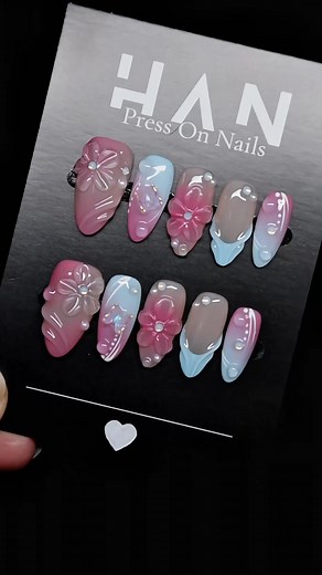 Fall in love with this pink & blue 3D nail set 💕 Perfect for your soft girl days 🌸🦋 Available now 🥰😊 #pressonnails #nailinspo #naildesigns #nail #pink