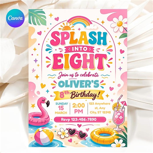 Splash Into Eight 8th Birthday Invitation Girl, Summer Pool Party Birthday Invite, Preppy Birthday Pool Party Invitation Canva Template - Etsy