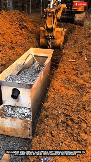Worker Installs Underground Drainage Box Using an Excavator
