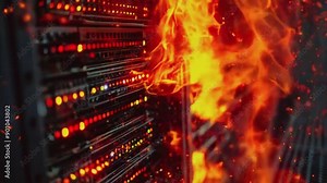 Closeup of a server rack engulfed in flames, representing data loss and system failure. Stock Video