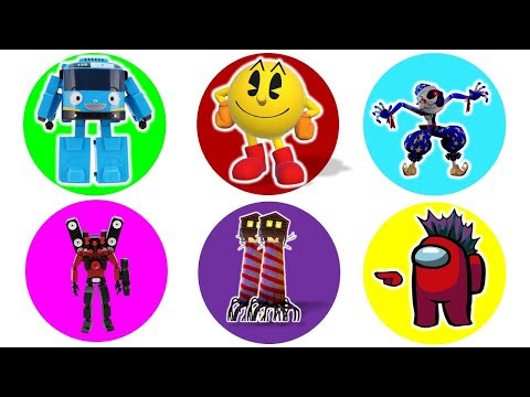 Spin Whel Among Us, Lighthouse Head, Moondrop, Pacman, Sound Man, Tayo Robot