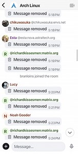 This is what the Arch Linux Matrix chat room looks like now.  (Not a joke.)Guys.  I think I broke ...