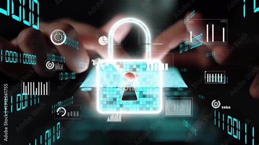 Digital lock symbolizes protection in the technology realm, illustrating cyber security concepts through interactive data elements and analysis charts. Xenic
