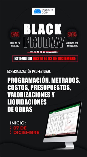 🧑‍🎓Matricúlate hoy en la Especialización de “Programación, Metrados, Costos, Presupuestos, Valorizaciones y Liquidaciones de Obras" 🎓 📅Inicio de clases: 07 de Diciembre Conoce el proceso de inscripción AQUÍ 👇 ✔ Reserva tu matrícula → http://bit.ly/Form-ProgMet ✔ Realiza tu depósito o transferencia ✔ Enviar voucher al correo → info@ccipperu.com ✔ Recibirán un correo de confirmación de su matrícula. Inscríbete con nuestros descuentos válidos hasta el 03 de diciembre: ▶ 15% OFF para alumnos en