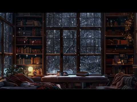 Cozy Library at Night ASMR with Fireplace, Snowstorm and Sleeping Cat for Deep Rest