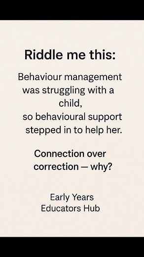 This one is meant to make you pause. To really think. To look beyond the behaviour and into the child. So ask yourself… Why did behavioural support work? Why was behaviour management struggling? What does connection actually change? What am I doing in my own practice? Because sometimes the answer isn’t in the child… It’s in the approach. The tone. The presence. The connection. 💛 Drop your reflections below — I want to hear your thoughts. Let’s grow together. 🌱✨ Early Years Educators Hub | Earl