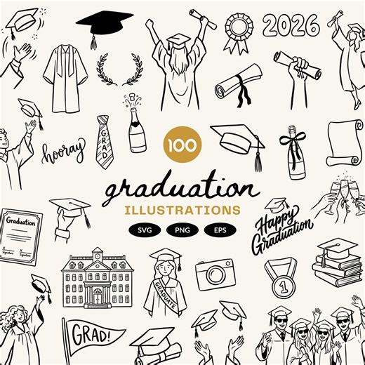100 Hand Drawn Graduation Clipart Bundle | Graduation Party SVG , PNG & EPS | Graduation Celebration | Graduation Cap | College Grad Party - Etsy