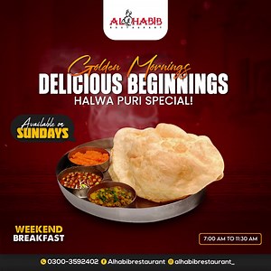Make your Sunday memorable by having nashta at our restaurant... Save the bill up to 20% Off Discounts on HBL & Bank Al Habib ATM, Debit, and Credit cards.✅ On Bill Upto PKR (12,000) for Ala Carte Menu only. Validity Date: [Upto 31st May 2024] Menu: https://www.facebook.com/Alhabibrestaurant/menu We're serving the best food at Al Habib Restaurant Highway! Celebrate everything with a memorable dining experience! Also provide Services for Get-togethers, birthday parties, and Weddings! For further 