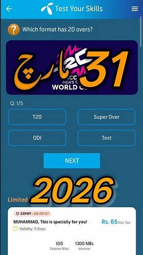 Which format has 20 overs? | My Telenor Today Questions | Telenor Questions Today