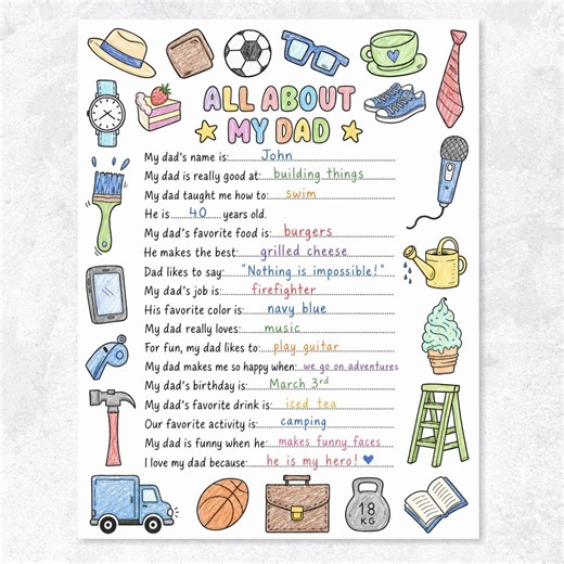 Father’s Day Card Printable, All About My Dad Questionnaire, Kids Worksheet & Coloring Page, DIY Gift for Dad, Instant Download PDF - Etsy