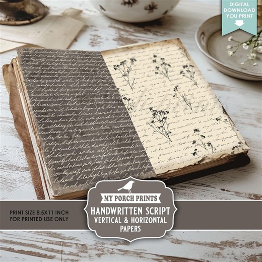 Handwritten Script Papers Junk Journal, Vintage Neutral Handwriting, Extra Pages, Coffee Dyed, My Porch Prints, Printable, Digital Download - Etsy