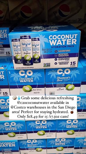 🥥💧Grab some delicious refreshing @c2ococonutwater available in @Costco warehouses in the San Diego area! Perfect for staying hydrated. 🧉 Only $18.49 for 15 /17.5oz cans! #c20coconutwaterpartner 🏝@c2ococonutwater 🥥Delicious taste that is hydrating and packed with 1110 mg of electrolytes! ✅100% all-natural with no artificial ingredients, colors, or preservatives! 🇹🇭Made in Thailand single region sourced! . 🛒 Add this to your cart on your next Costco trip! . #coconut #coconutwater #vegan #p