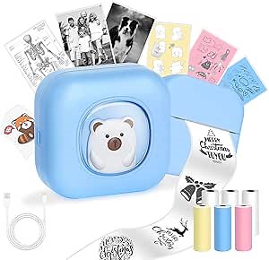 Mini Sticker Printer, Inkless Phone Printer, Portable Pocket Sticker Maker Machine, Wireless Thermal Print Pod With 2pcs Sticky Paper + 4pcs Paper For Iphone, Photo, School Notes, Label (Blue)