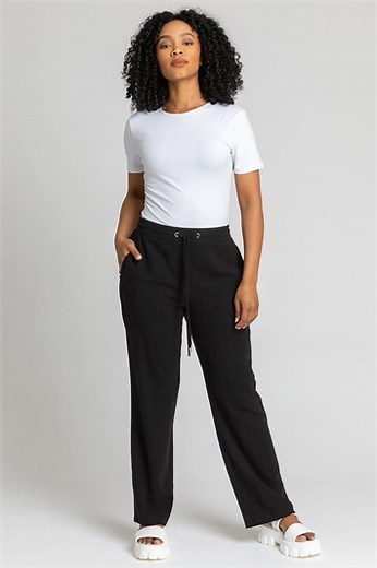 Black Petite Linen Mix Elastic Waist Tie Front Trousers | Roman UK