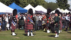 Am impressive sight and sound as nine combined Pipe Bands march around the arena for the afternoon parade during the 2019 Aboyne Highland Games in Aberdeenshire Scotland. Led by Drum major Bill Barclay, the bands are Towie Pipe Band, The Gordon Highlanders Association Drums & Pipes , Lonach Pipe Band, Ellon & District RBL Pipe Band, Deeside Caledonia Pipe Band - Aberdeen, Huntly & District Pipe Band, Grampian District Pipes and Drums, Ballater & District Pipe Band and special Guests, the Somme B