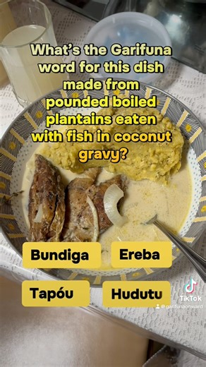Garifuna Trivia Time! What’s the Garifuna word for this dish made from pounded boiled plantains eaten with fish in coconut gravy? Choose from the answers provided. #garifuna #garifunaonward #gariontalks #garifunalanguagefortodayandtomorrow #Belize #garifunaculture #GarifunaLanguage | Gari-On: Garifuna Language for Today & Tomorrow