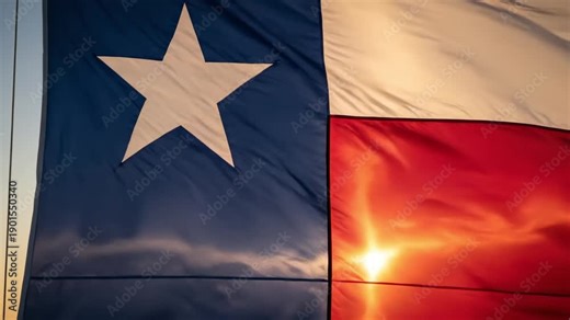 Texas flag waving in sunset with vibrant colors and blue sky