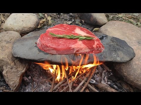 SteakStones Hot Stone Cooking - Cooking Steak on Rock in the Forest Eating Delicious