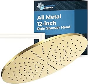 HammerHead Showers® Solid Metal 12 Inch Rainfall Shower Head, Large Rain Shower Head, 2.5 GPM High Flow Shower Head Optimized for Pressure, Wall-Mounted or Ceiling Rain Shower Head, Brushed Gold