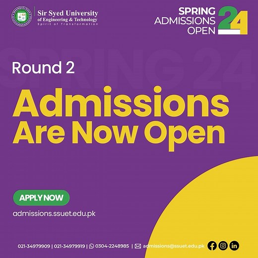 The clock is ticking! Round 2 admissions are open for Spring 2024 for you to embark on an exciting adventure with our wide range of programs for Undergraduate and Postgraduate degrees. To experience the SSUET adventure, apply now: admissions.ssuet.edu.pk #SSUET #ssuetians #Spring2024 #admissions #engineering #technology #undergraduate #inspiringmind | SSUET - Sir Syed University of Engineering & Technology
