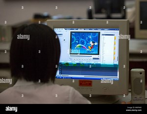 Video editing of Mickey movie in Mangyongdae children's palace, Pyongan Province, Pyongyang, North Korea Stock Photo - Alamy