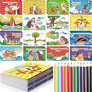 Trandraft 48 Pack Large Religious Coloring Books with 24 Colored Pencils Bible Story Christian Coloring Books for Sunday School Vbs Rewards Basket Fillers Crafts Classroom Artwork Gift for Kids Adults