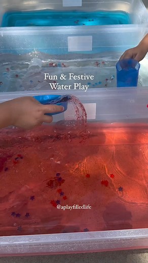 Follow @aplayfilledlife for more ways to learn & play! My name is Gina and I have over 20 years in education as a teacher, sensory play advocate & mama of 4.There is a reason we do water play on repeat. It’s simple, impactful & hands-on.The materials are at your fingertips- don’t overthink it, just toss in what you have. Always “shop” your kitchen: measuring cups, spoons, strainers. This lends itself to an entire lesson on measurement, pouring, balance and life skills!Add in a few drops of food 