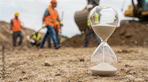 Hourglass measuring time on a construction site with workers and machinery countdown hourglass, sand timer.