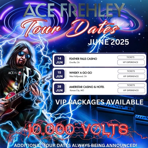 The rest of the June dates: Hello, California! Will we see you? Come backstage and in-person for a photo opportunity (and more) with a VIP Experience when you grab your tickets thru www.acefrehley.com.⚡️ | Ace Frehley