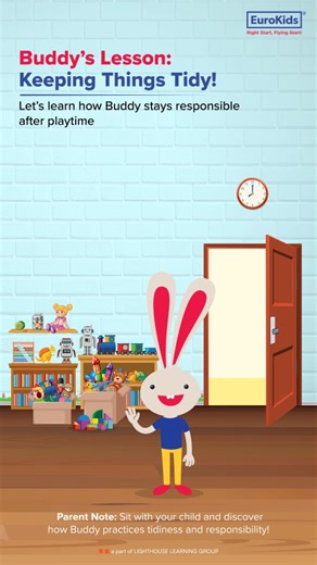 Buddy’s teaching little ones how to keep things neat and bright! 💛 Watch with your child and tell us — how do you make tidying fun at home? #eurokids #thepreschoolexpert #rightstartflyingstart #earlylearning #childdevelopment #parentingtips #eurokidspreschool | EuroKids International