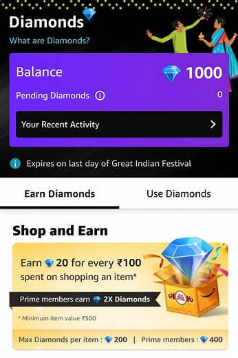 What are the Diamonds Points and How to earn and use them during Amazon Great Indian Festival Sale? | DesiDime