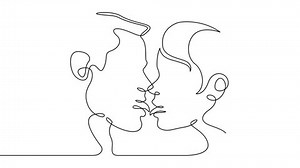 Self drawing simple animation of single continuous one line drawing romance, kiss, love, man, girl, valentine, couple, female, romantic . Drawing by hand, black lines on a white background.